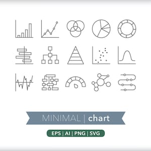 Może przedstawiać: Zbiór minimalistycznych ikon wykresów w odcieniach szarości. Obraz przedstawia różne typy wykresów, w tym wykresy słupkowe, liniowe, kołowe i schematy blokowe. Tekst "MINIMAL chart" jest wyświetlany na banerze.
