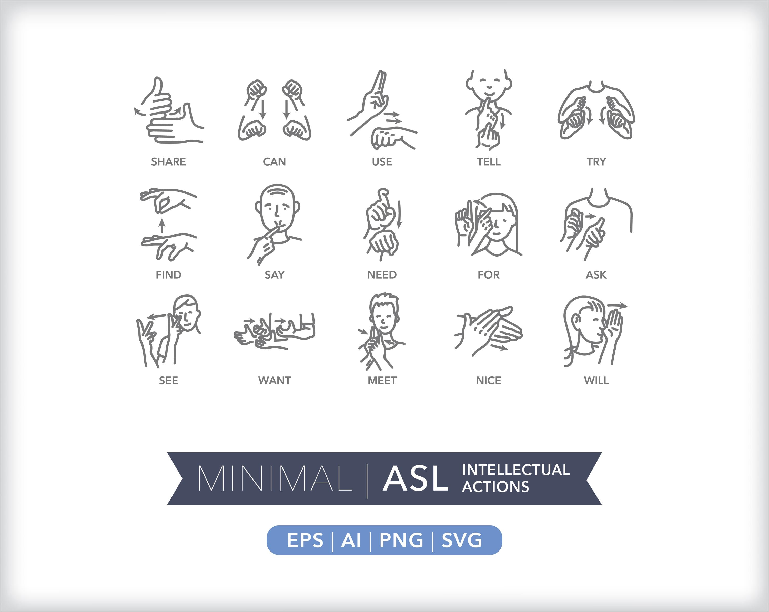 150 ASL Sign Language Icons: Communication Illustrations (digital ...