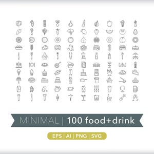 100 Food & Drink Icons: Minimalist SVG, AI, PNG (Digital Download)