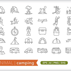 30 Minimalist Camping Icons: SVG, PNG, AI (Digital Download)
