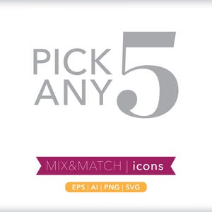 Puede incluir: Un fondo blanco con las palabras "PICK ANY 5" en gris. Un gran número 5 gris a la derecha del texto. Debajo, una pancarta morada con las palabras "MIX & MATCH | icons".