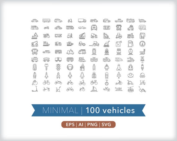 100 Vehicle Icons: Transportation Graphics (SVG, AI, PNG) - Digital Download