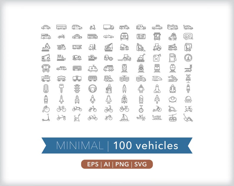100 Vehicle Icons: Transportation Graphics (SVG, AI, PNG) - Digital Download image 1
