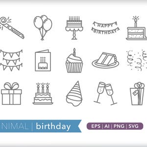Conjunto de iconos de cumpleaños: Gráficos para fiestas e invitaciones SVG, AI, PNG (Descarga digital)