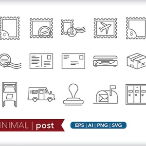 Postal Icon Set: Mail, Stamps, Delivery Truck (SVG, AI, PNG Digital Download)