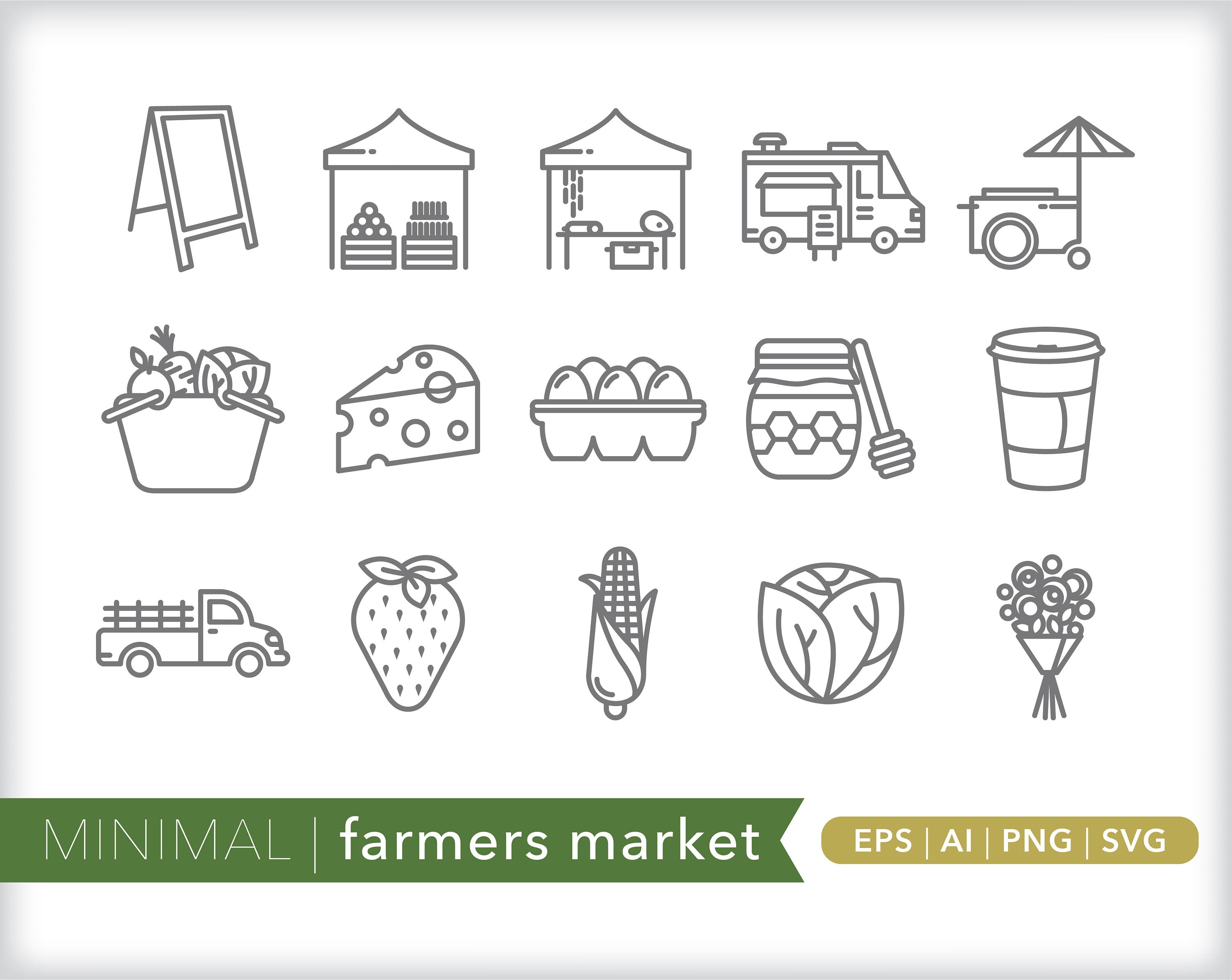 Farmers Market Icon Set: Food Illustrations, SVG, PNG, AI (digital ...