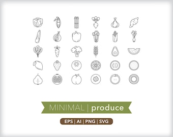 30 Produce Icons: Fruit & Veggie Graphics (SVG, AI, PNG) Digital Download