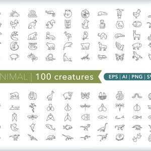 100 Animal Icons: Creature SVG, AI, PNG (Digital Download)