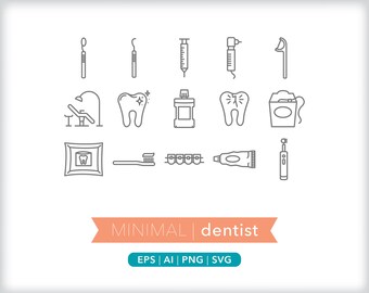 Dentist Icon Set: Tooth, Drill, Floss - SVG, PNG, AI (Digital Download)