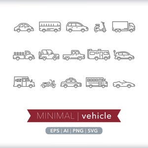 Vehicle Icon Set: Car, Truck, Bus Illustrations SVG, AI, PNG (Digital Download)