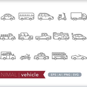 Vehicle Icon Set: Car, Truck, Bus Illustrations SVG, AI, PNG (Digital Download)