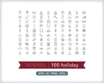 100 Holiday Icons: Calendar Illustrations, SVG, AI, PNG (Digital Download)