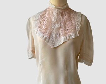 Sheer Pale Peach Nude Blouse with Lace Bib Collar Vintage 1940s Womens Small Med