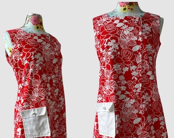 Mod Red + White Sketched Rose Floral Print Cotton Sleeveless Mini Dress Fritzi of California Vintage 1960s Womens Med Large