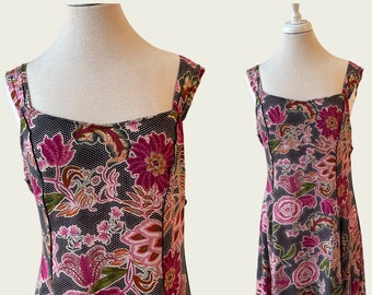 Loco Linda Fuchsia Pink + Black Floral Print Retro Sun Dress Vintage 1990s Womens Large