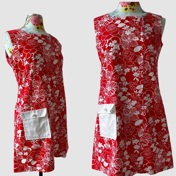 Mod Red + White Sketched Rose Floral Print Cotton Sleeveless Mini Dress Fritzi of California Vintage 1960s Womens Med Large