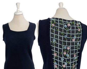 Floral Beaded Back Navy Blue Knit Sleeveless Sweater Vest Toi House Vintage 1980s 1990s Womens Large