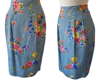 DVF 100% Silk Blue Floral Print Wiggle Skirt Vintage Y2K Womens Med