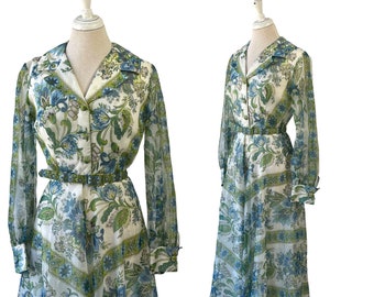 Blue Floral Maxi Shirt Dress Montgomery Vintage 1970s Womens  2XS 25 Waist