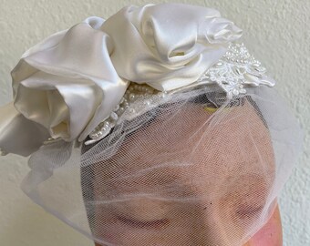 Bridal White Satin Womens Topper with Lace and Rose Florette Vintage 1980s Hair Headpiece