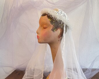 Antique Lace + Mesh Bridal Juliet Cap + Veil Vintage 1930s Wedding Headwear Small Medium
