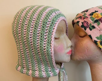 Chunky Crochet Knit Baby Pink + Sage Green Striped Acrylic Head Bonnet with Ties Womens One Size
