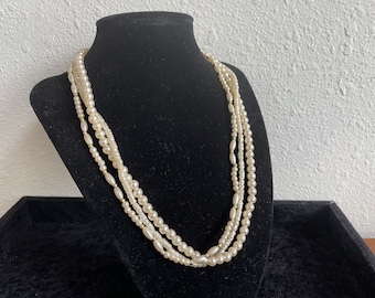 Faux Freshwater Seed Pearl Tri-Strand Necklace Choker Vintage 1970s Costume Jewelry