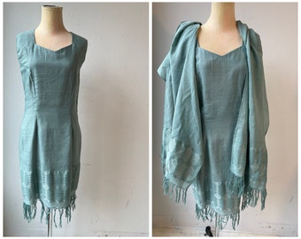 Sage Green Woven Wool Blend Sleeveless Shift Dress with Matching Shawl Fringe Hem Vintage 1990s Women Large