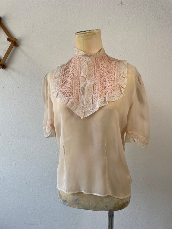 Sheer Pale Peach Nude Blouse with Lace Bib Collar… - image 10