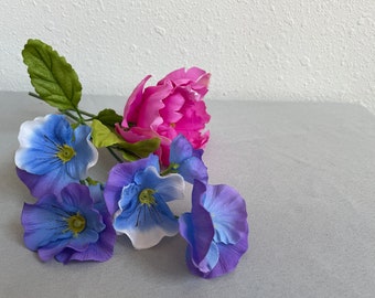 Blue Poppies and Pink Peony Small Floral Bouquet Vintage 1980s Faux Flowers