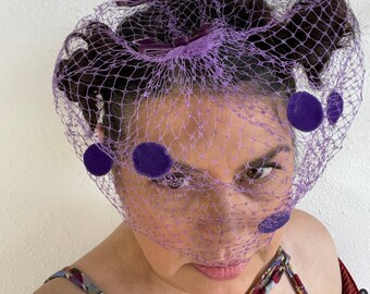 Purple Mesh Whimsy with Velvet Polka Dots + Bows Vintage 1950s Headwear + Hats