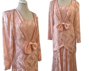 Peach Jacquard Mulberry Silk Drop Waist Dress Joanie Char Vintage 1980s Designer Womens 10