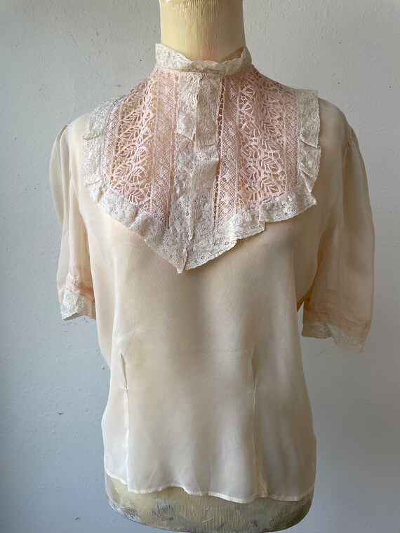 Sheer Pale Peach Nude Blouse with Lace Bib Collar… - image 9