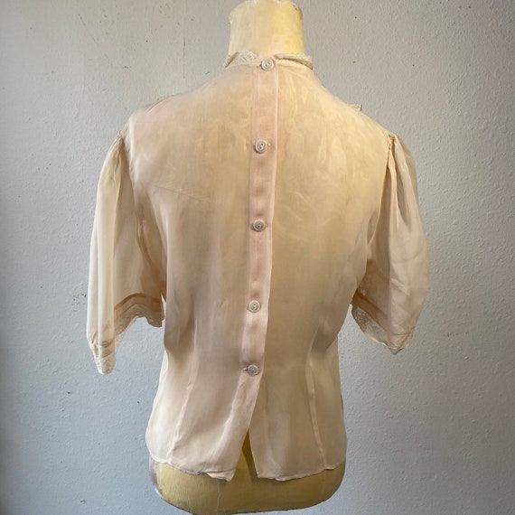 Sheer Pale Peach Nude Blouse with Lace Bib Collar… - image 8