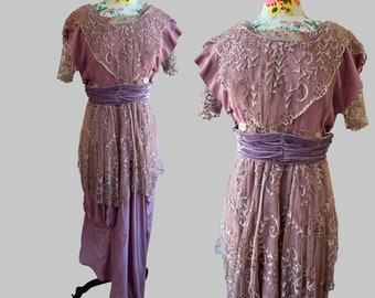Edwardian Violet Purple Silk, Lace + Velvet Dress Vintage 1910s Womens Small AS IS