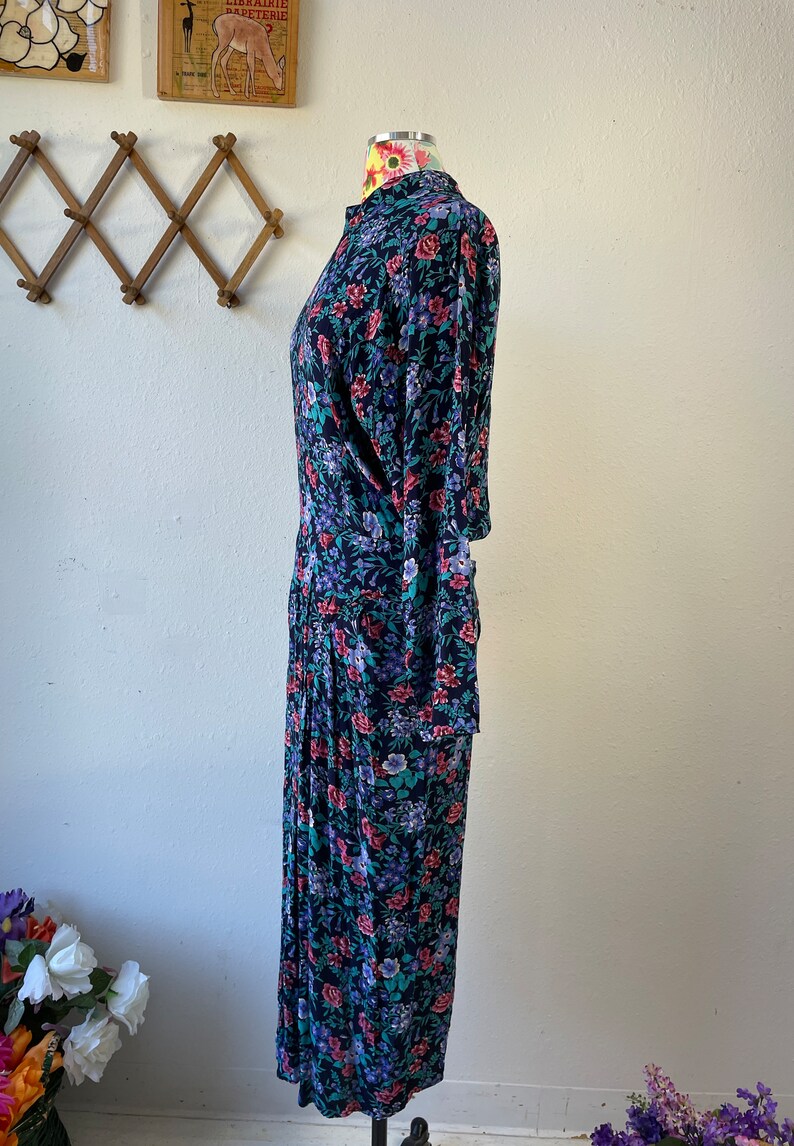 Karin Stevens Dark Floral Long Sleeve Rayon Dress Vintage 1980s 1990s Womens image 8