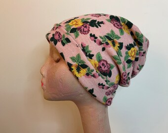 Pink Rose Floral Knit Beanie Cap Womens Winter Headgear One Size