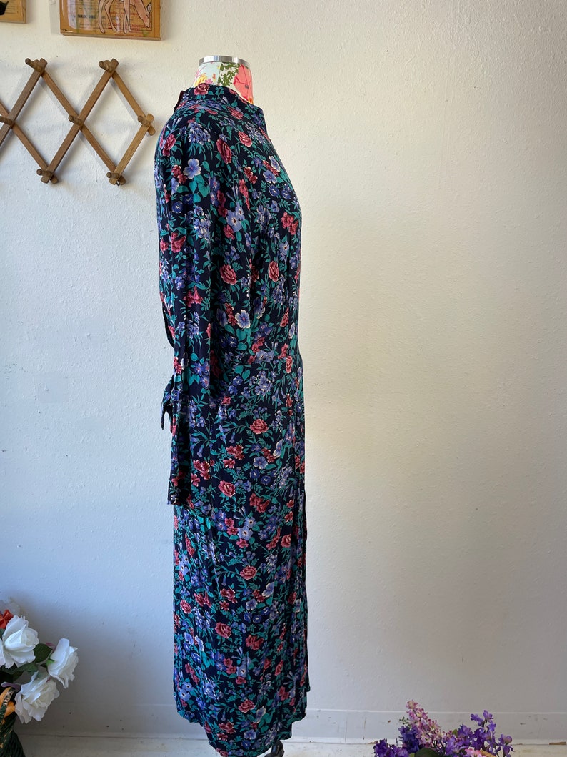 Karin Stevens Dark Floral Long Sleeve Rayon Dress Vintage 1980s 1990s Womens image 3