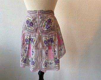 Vintage Purple + Pink Floral  Handkerchief Apron Tissue Thin Cotton Retro 1950s 1/2 Apron Easter Hostess XS