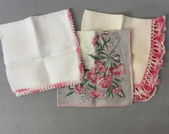 Pink + White Handkerchiefs Carnations + Pink Crochet Fringe LOT of 3 Vintage 1960s Accessories