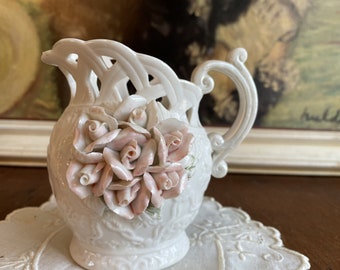 Pink Rose White Porcelain Creamer Pitcher or Small Vase Vintage 1940s Tableware Home Decor