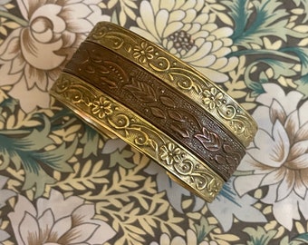 Victorian Brass + Copper Two Tone Cuff Embossed Florals Vintage 1890s 1900s Womens Costume Jewelry