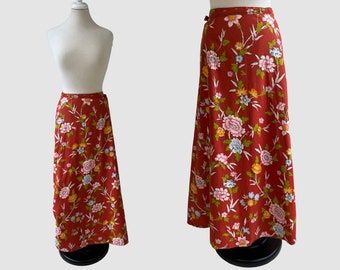 John Meyer Rust Orange Clementis Floral Print A-Line Wrap Maxi Skirt Vintage 1970s 28-31" Waist