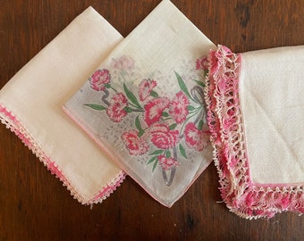 Pink + White Handkerchiefs Carnations + Pink Crochet Fringe LOT of 3 Vintage 1960s Accessories