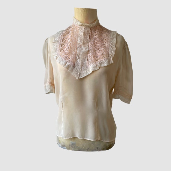 Sheer Pale Peach Nude Blouse with Lace Bib Collar… - image 1