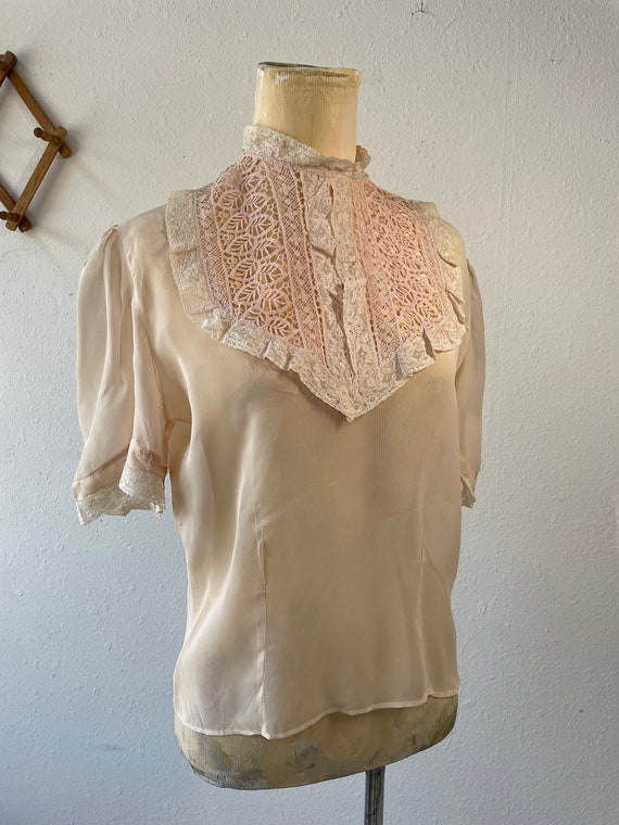 Sheer Pale Peach Nude Blouse with Lace Bib Collar… - image 4