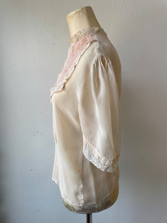 Sheer Pale Peach Nude Blouse with Lace Bib Collar… - image 7