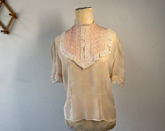 Sheer Pale Peach Nude Blouse with Lace Bib Collar… - image 2