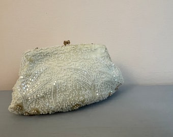 Pearly Beaded Ivory Cream Small Evening Bag Clutch Vintage 1930s Handbags AS IS