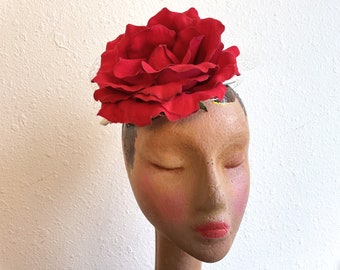 Red Rose Handmade Fascinator Hat Made from Upcycled Vintage Fabrics One Size